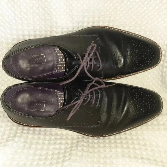TED BAKER-Marar-Black Leather/Purple Stitching Derby Brogues-Size 10-Excellent - Picture 6 of 7